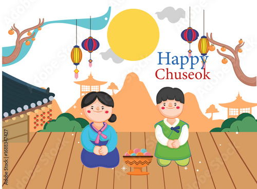 Chuseok Korean harvest festival illustration – full moon, lanterns and gifts
