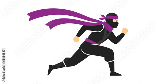 Running Ninja in Black and Purple Outfit, Action Pose.