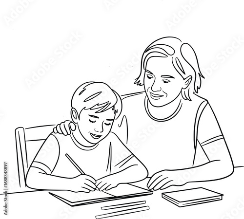 Mother helping young boy with homework learning education schoolwork and tutoring
