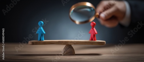 The Seesaw Balance of Blue and Red Wooden Figurines Under Magnifying Glass