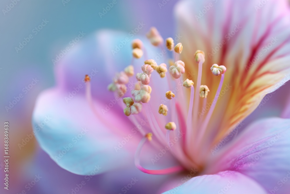 Fototapeta premium Close-up of a delicate, pastel-colored flower. Soft focus on the stamens and petals, showcasing intricate details. Pale pinks, light blues, and yellows blend harmoniously