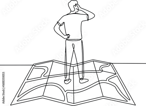Man standing on open map puzzled looking for direction concept