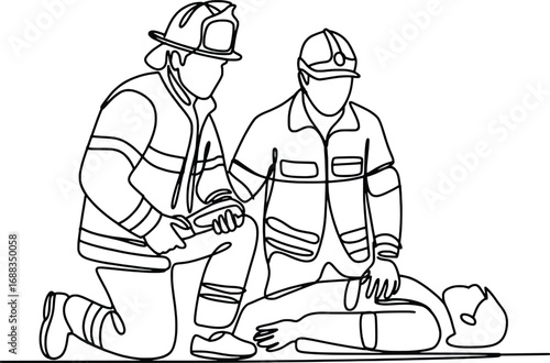 Firefighters performing cpr on a person emergency medical assistance scene line drawing