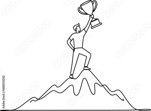 Man standing on mountain peak holding trophy celebrating victory achievement success top