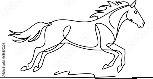 Elegant single line drawing of a galloping horse in motion with flowing mane and tail