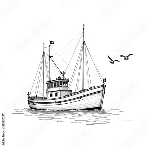 Black and white illustration of a fishing trawler boat at sea with seagulls