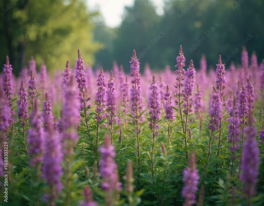 Obraz premium Summer meadow filled with purple ivan-tea cypress flowers. Soft light illuminates blooming fireweed plants in a deserted landscape. Green foliage and purple blossoms create a beautiful natural scene.