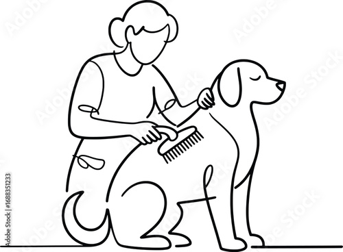 One line drawing of a person grooming a sitting dog with a brush pet care concept