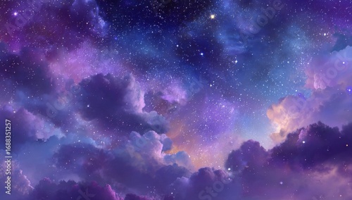 A vibrant, starry night sky with clouds.  Purple, violet, and pale gold hues fill the scene.  Starlight is scattered across the clouds