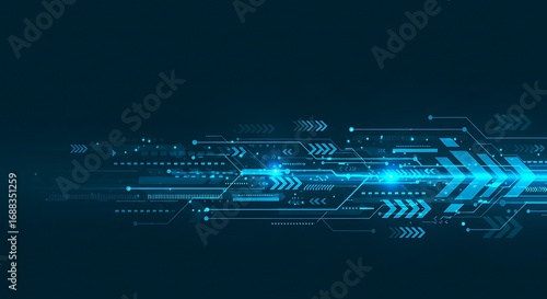 Abstract futuristic background with glowing blue arrows representing digital data transfer and technological speed.