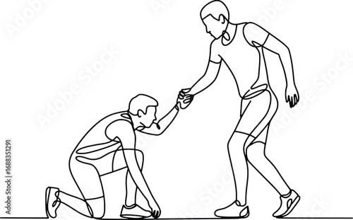 Two athletes one helping the other from the ground in a sports competition