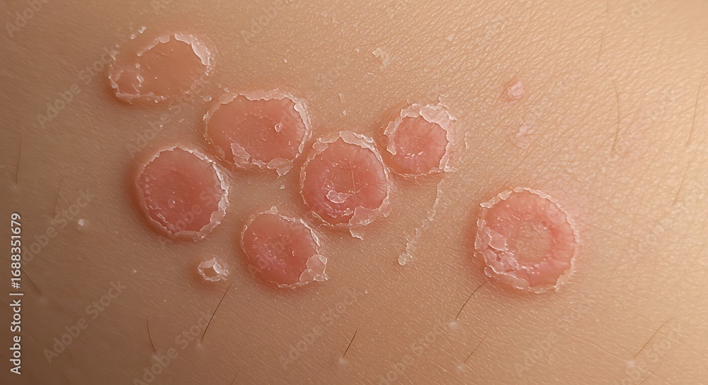 Fototapeta premium Macro photograph of a common skin condition with multiple papules or blisters, illustrating a dermatology issue on the human epidermis