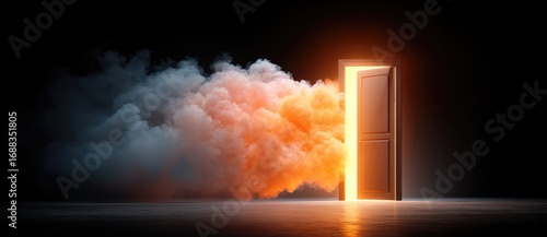 An open door glows bright, beckoning, with smoke around it. A dark floor grounds the scene, emphasizing the ethereal light and mystery