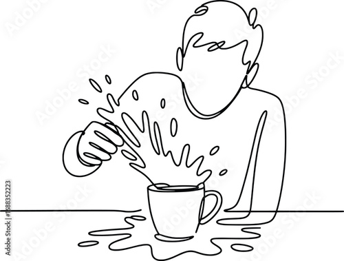 Person clumsily spills hot coffee creating a mess on table next to mug