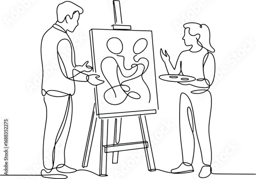 Artistic collaboration two people painting together creating masterpiece easel canvas