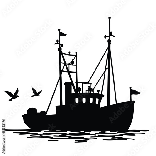 Black Silhouette Fishing Trawler Boat with Seagulls