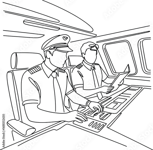 Pilots in cockpit operating aircraft control panel and navigational instruments
