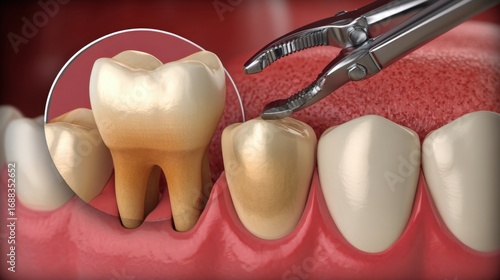 A realistic depiction of a dental extraction in progress, featuring dental tools removing a decayed tooth from an upper jaw. The surrounding teeth appear healthy, emphasizing the procedure's focus