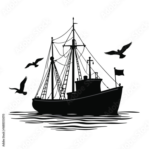 Black silhouette fishing trawler with seagulls and flag