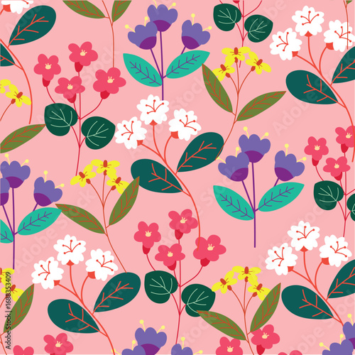 Seamless Floral Pattern with Colorful Blossoms on Pink Background 