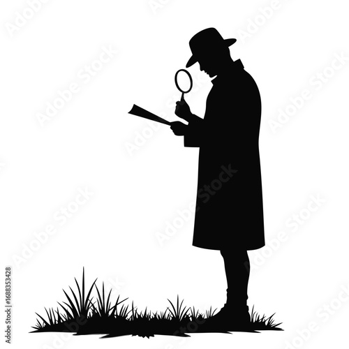Black silhouette of a detective examining a document with a magnifying glass