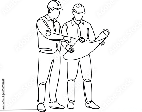 Two construction workers in hard hats review blueprint plans on