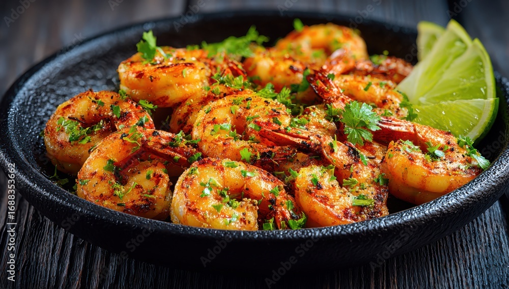 Fototapeta premium Spicy shrimp in a dark pan, garnished with cilantro and lime slices