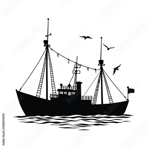 Black silhouette of a fishing trawler at sea with seagulls