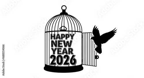 Bird flying out of cage for happy new year 2026