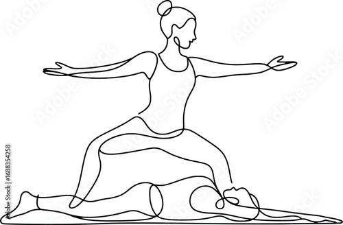 Two women practicing partner yoga warrior pose on mat line art sketch