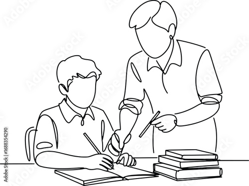 Teacher assisting student learning with books stacked nearby education concept