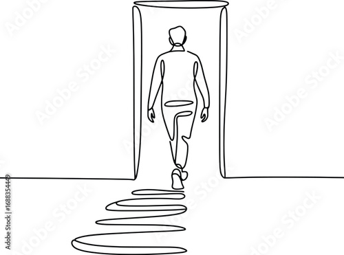 Person walking through an open doorway one line drawing symbol of opportunity and new beginnings