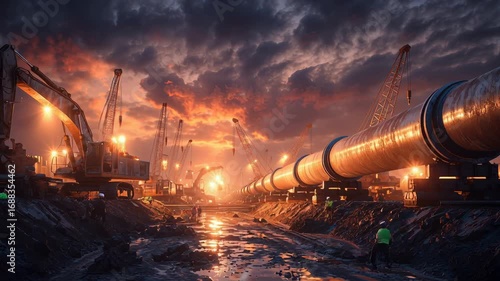 Large metal pipelines and heavy machinery at a construction site during dramatic sunset, reflecting strong industrial progress and development.