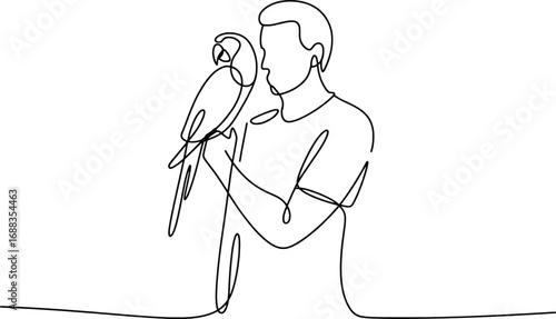 Minimalist line art of person holding a parrot pet companion bird symbolizing friendship