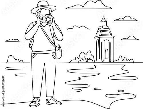 Tourist taking photo of iconic historical building in a scenic landscape with clouds
