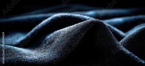 A macro shot reveals the texture of flowing, dark blue fabric, forming soft, rounded hills under gentle light. The fabric appears plush and velvety