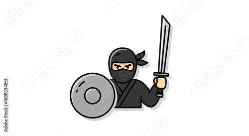 Cartoon Ninja Warrior with Katana and Shield.