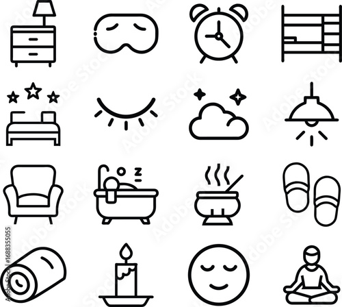Comfortable sleep relaxation icons set cozy bedside nighttime rest and wellness icons