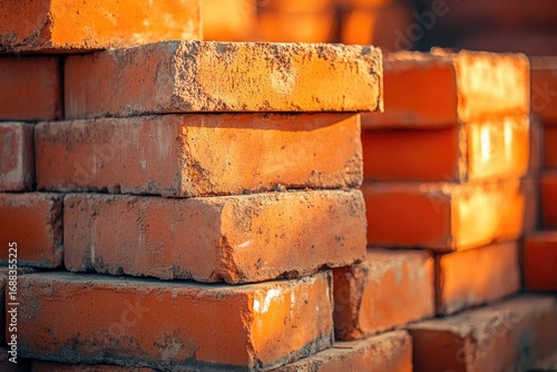 Flawless Picture of Closeup Several Red Bricks at Construction Site