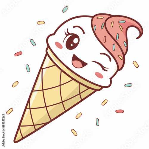A cheerful and happy cartoon ice cream cone with a pink strawberry topping and colorful sprinkles is winking and smiling with joy on a white background