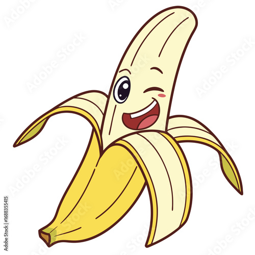 A cheerful cartoon banana character with a peeled skin and a happy winking expression isolated on a white background