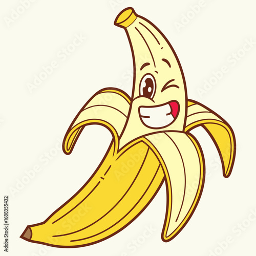 A cheerful cartoon banana character with a peeled skin and a happy winking face isolated on a light cream background representing fun and positivity