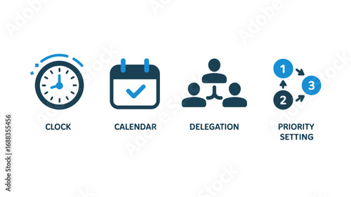 Time Management Icons Clock, Calendar, Delegation, Priority Setting