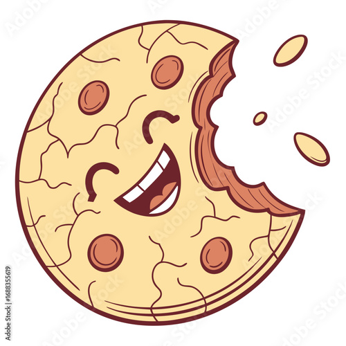 A cheerful cartoon cookie with a bite taken out of it is smiling widely with its mouth open and crumbs flying off