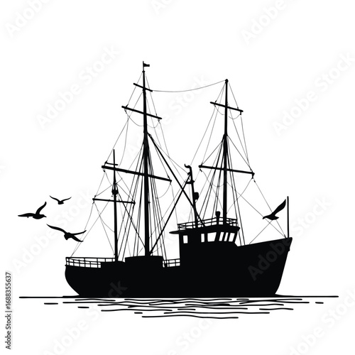 Black silhouette of a fishing trawler with seagulls 