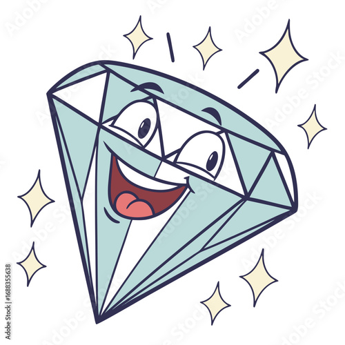 A cheerful cartoon diamond character with a wide smile and expressive eyes surrounded by sparkling stars representing joy and brilliance