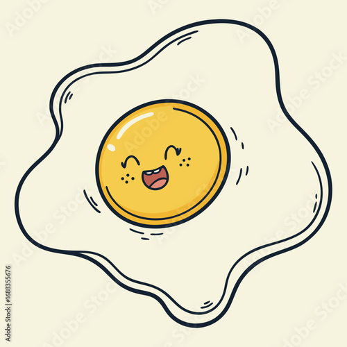 A cheerful cartoon fried egg with a happy face and freckles a fun and playful illustration for breakfast or food related designs