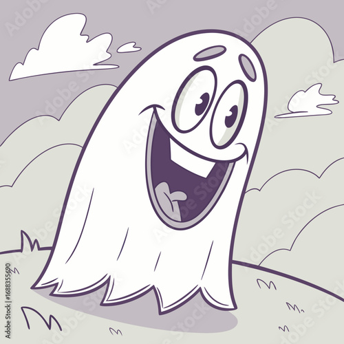 A cheerful cartoon ghost with a wide open mouth and big eyes is floating happily in a grassy landscape under a cloudy sky