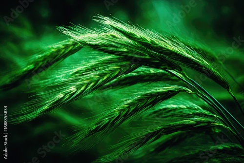 Green hued photo showing vibrant grass stems and seed heads. Close-up view against a blurry dark foresty background; illuminated, windblown scene