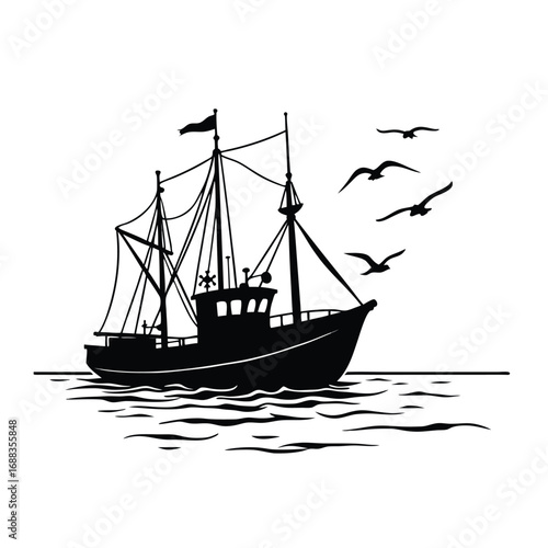 Black silhouette of a fishing trawler with seagulls